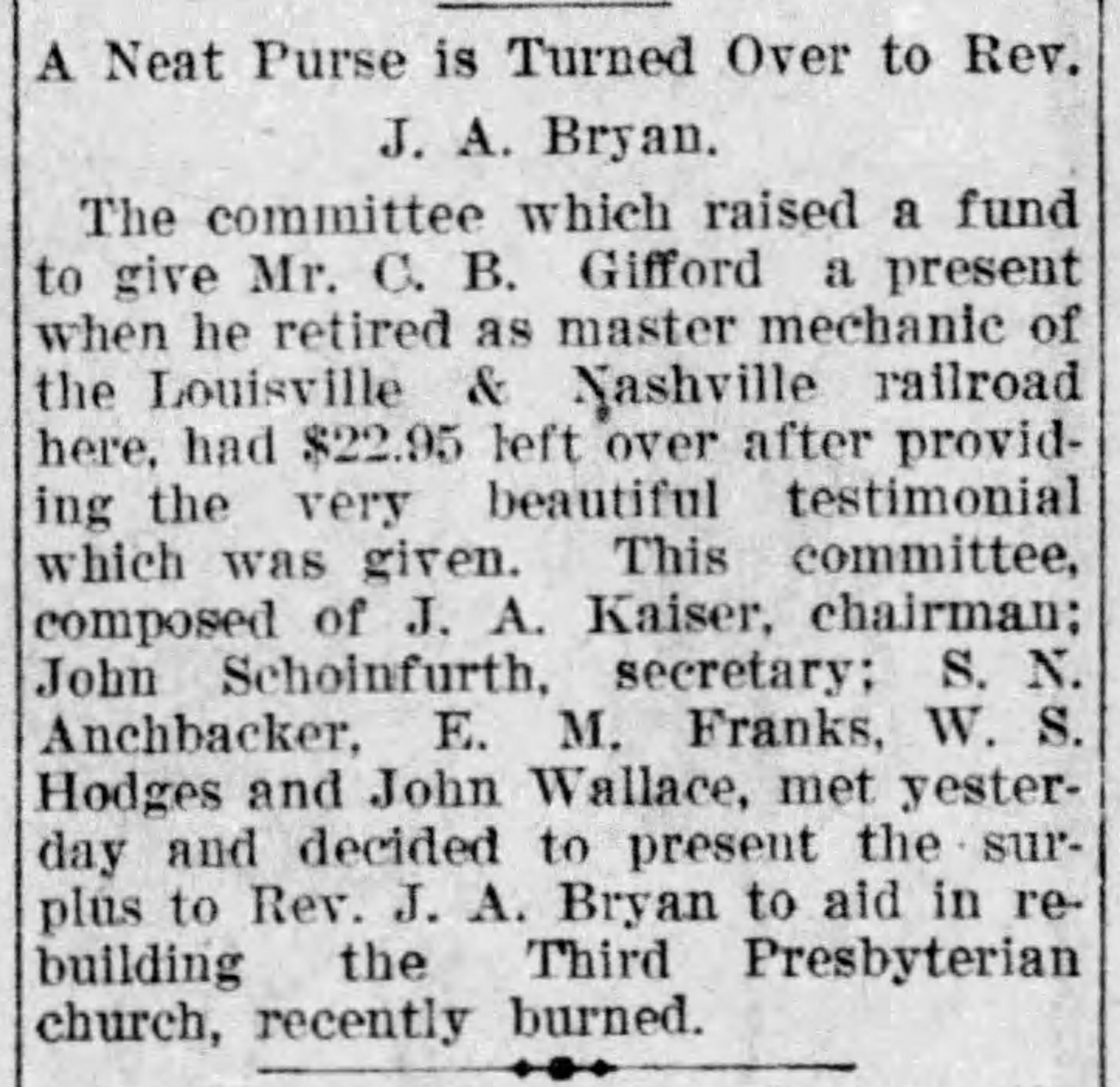 Was a Graceful Act: A Neat Purse Is Turned Over to Rev. J.A. Bryan